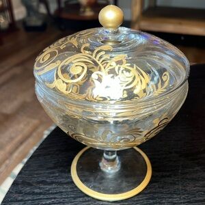 VTG Hollywood Regency clear glass gold handpainted apothecary jar candy dish